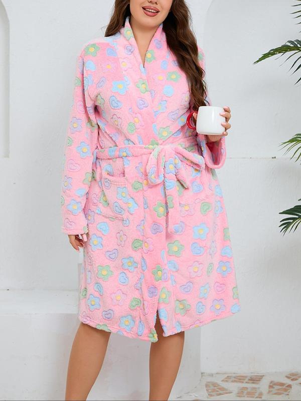  Floral Print Belted Pocket Robe, Casual Long Sleeve Dressing Gown, Women's Sleepwear for Fall & Winter