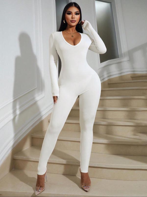 Women's Solid Long Sleeve Scoop Neck Jumpsuit, Casual Comfy Bodycon Jumpsuit for Spring & Fall, Ladies Clothes for Daily Wear