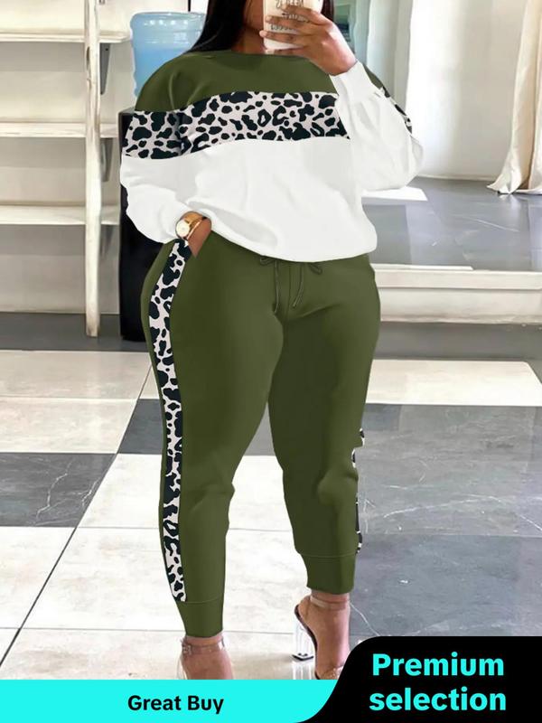  Two-Piece Set Colorblock Leopard Print Sweatshirt & Elastic Waist Tie Front Sweatpants Set, Casual Round Neck Long Sleeve Pullover & Pocket Jogger Pants, Women's Fall & Winter Clothes