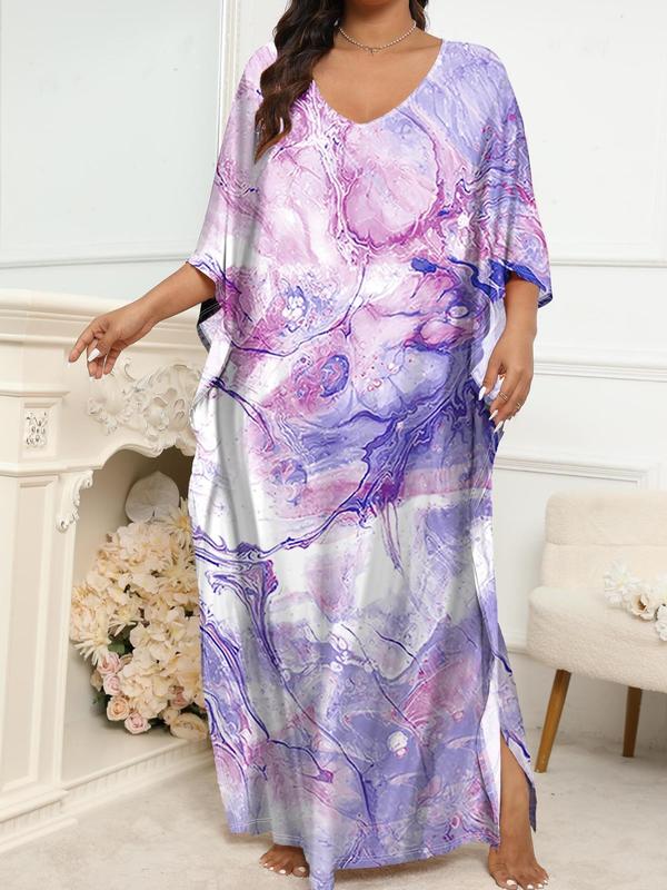  Marble Print V Neck Lounge Dress, Casual Long Dress for Spring & Fall, Women's Sleepwear for Indoor Wear