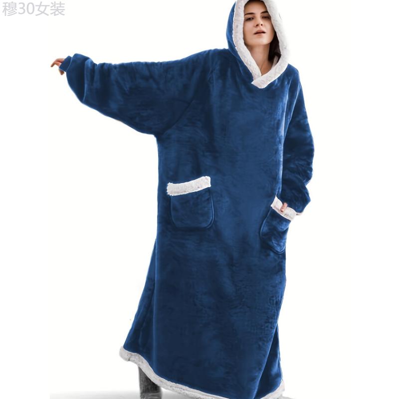 Plus Size Cozy Winter Wearable Fleece Blanket Robe - Soft Flannel Long Sleeve Hooded Design with Pockets for Relaxation - Perfect for Cold Weather Lounging and Outdoor Activities Womenswear Collar Dress Loungewear Dress Loungewear Gowns Polyester