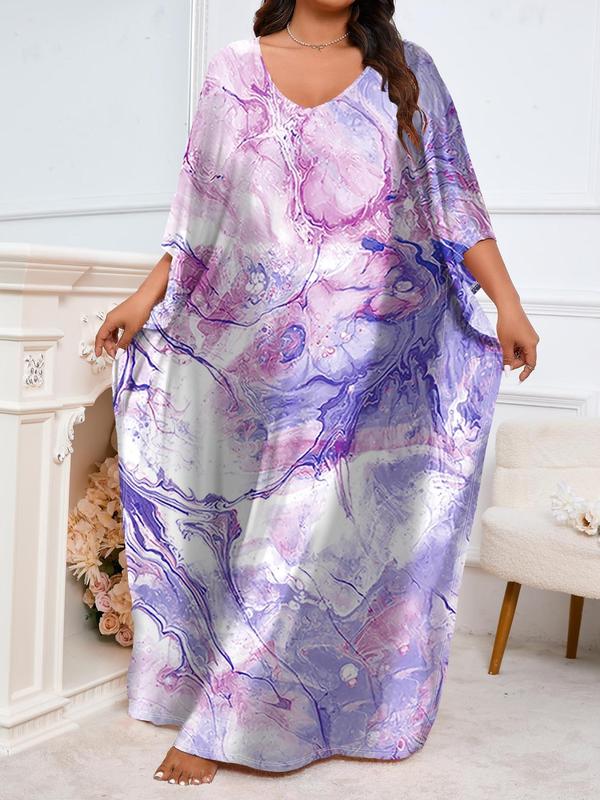  Marble Print V Neck Lounge Dress, Casual Long Dress for Spring & Fall, Women's Sleepwear for Indoor Wear