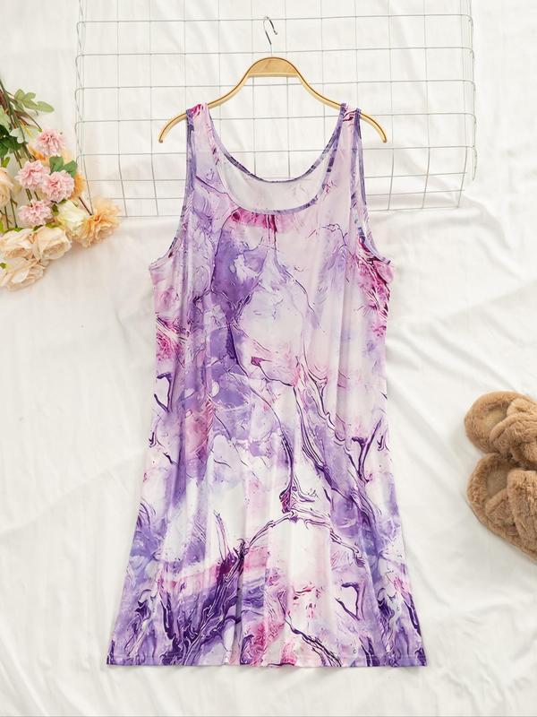  Tie Dye Print Round Neck Tank Nightdress, Casual Soft Comfortable Sleeveless Nightgown for Women, Women's Sleepwear for Summer