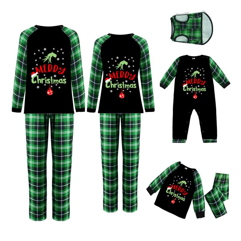 Family Christmas Pajamas Matching Sets PJ's Snowflake Cartoon Print Tops Green Plaid Pants Sleepwear Loungewear Nightwear Homewear