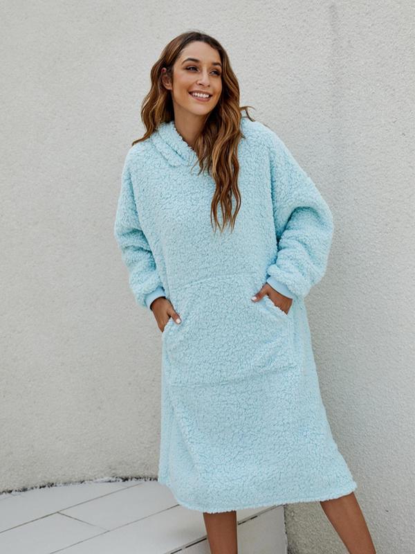 Women's Solid Color Drop Shoulder Hooded Bathrobe, Casual Long Sleeve Pocket Design Dressing Gown, Ladies Sleepwear for  Winter