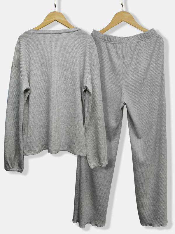 Women's Solid Waffle Knit Drop Shoulder Tee & Tie Front Pants Loungewear Two-piece Set, Comfy Round Neck Long Sleeve Top & Trousers PJ Set, Ladies Sleepwear for Spring & Fall, Pajama Sets Women