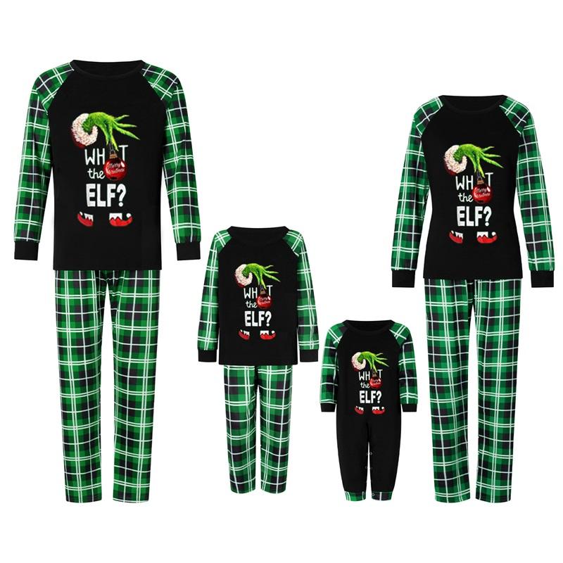 Green Black Christmas Pajamas for Family Long Sleeve Elf Graphic Tops + Plaid Trousers Set Holiday Sleepwear