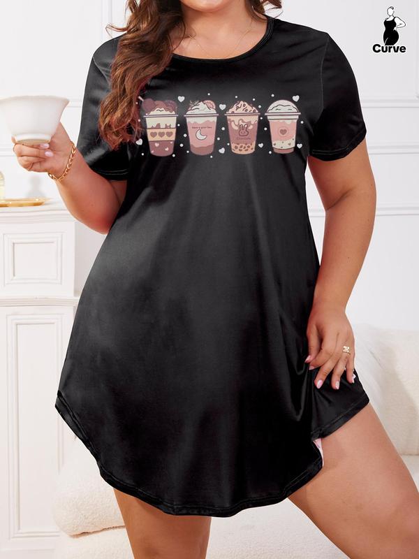 Plus Size Cartoon Graphic Print Round Neck Nightdress, Casual Soft Comfortable Short Sleeve Nightgown for Daily Wear, Sleep Lounge Dress, Women's Sleepwear & Homewear for Summer