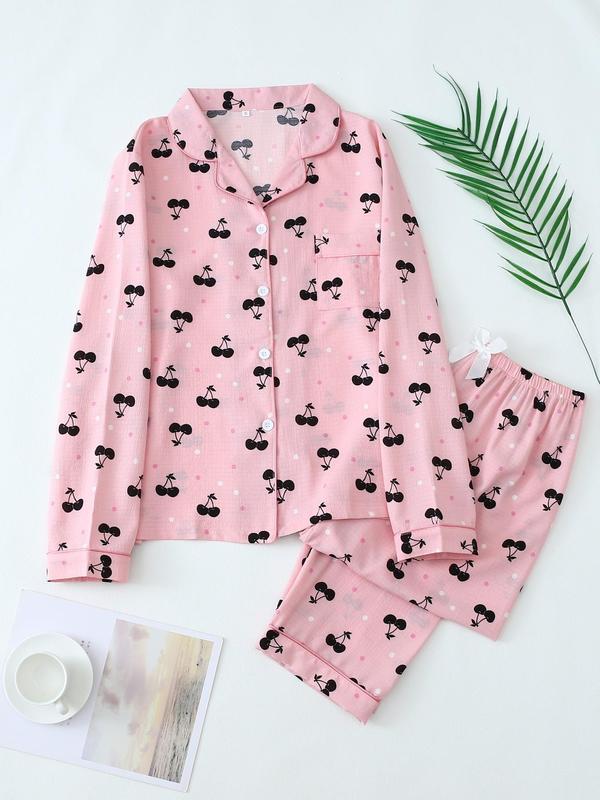 Two-Piece Set Women's All Over Print Lapel Shirt & Elastic Waist Pants Pyjama, Long Sleeve Pocket Button Up Top & Trousers PJ Set, Women's Sleepwear for Spring & Fall