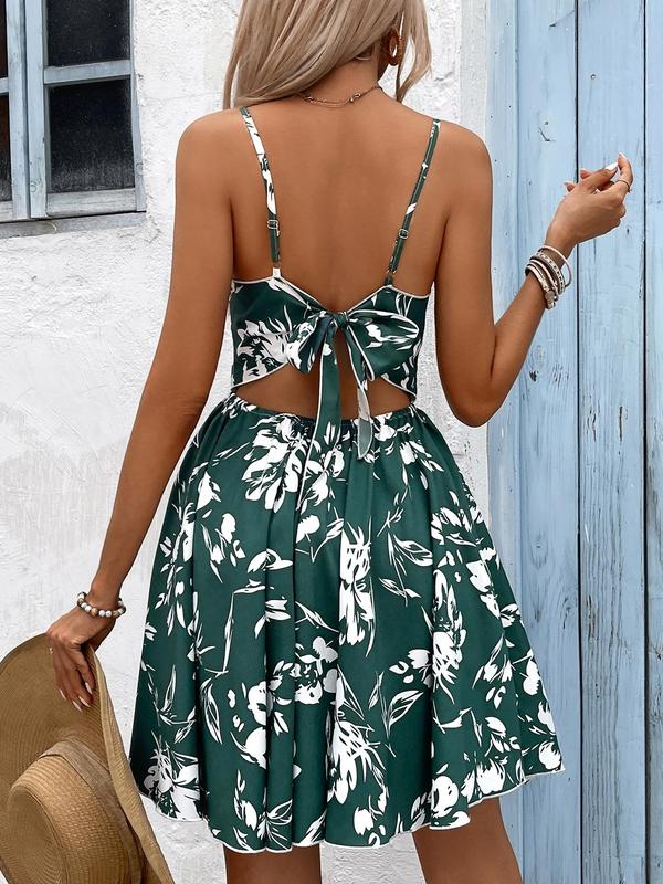 YOZY [3 colors] Floral Print Cut Out Twist Dress  Boho Sleeveless Spaghetti Strap Knee Length A-Line Cami Dress, 2024 Women's Beach Holiday Vacation Wear for Spring & Summer