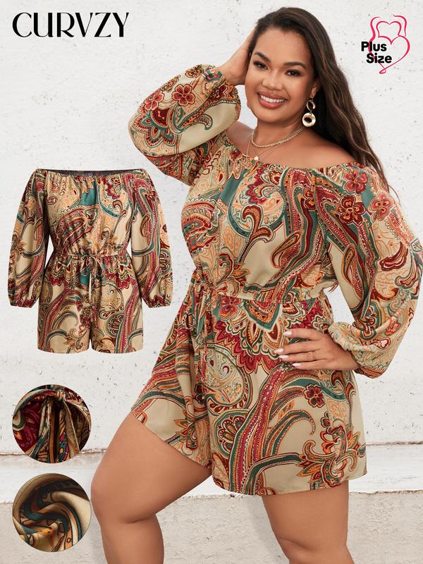 CURVZY Plus Size Fall Aesthetic Paisley Print Off Shoulder Drawstring Romper, Boho Elegant Bishop Sleeve Jumpsuit For Daily Holiday Vacation Wear, Women's Plus Clothing