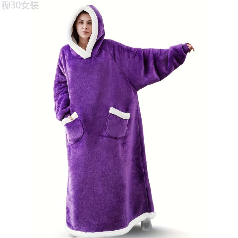 Plus Size Cozy Winter Wearable Fleece Blanket Robe - Soft Flannel Long Sleeve Hooded Design with Pockets for Relaxation - Perfect for Cold Weather Lounging and Outdoor Activities Womenswear Collar Dress Loungewear Dress Loungewear Gowns Polyester