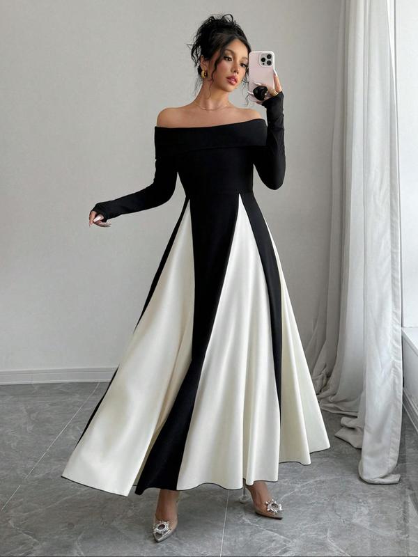 Women's Off The Shoulder Long Sleeve Dress, Elegant Plain Color Split Hem A Line Dress for Party Holiday Wedding Guest, Ladies Spring & Fall Clothes