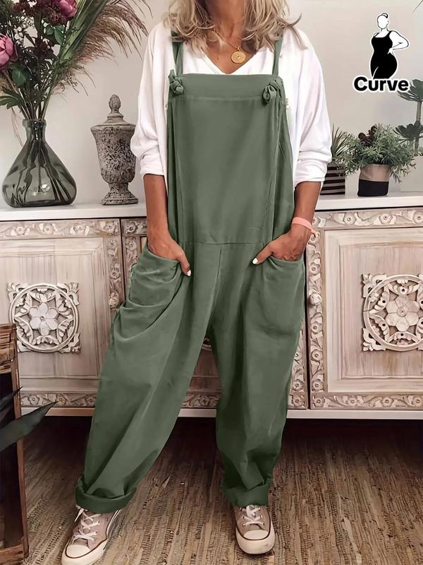  Solid Color Knot Front Wide Leg Overalls Jumpsuit without Inner Top, Casual Pocket Design Sleeveless Square Neck Overalls Jumpsuit for Summer, Women's Plus Clothing for Daily Wear