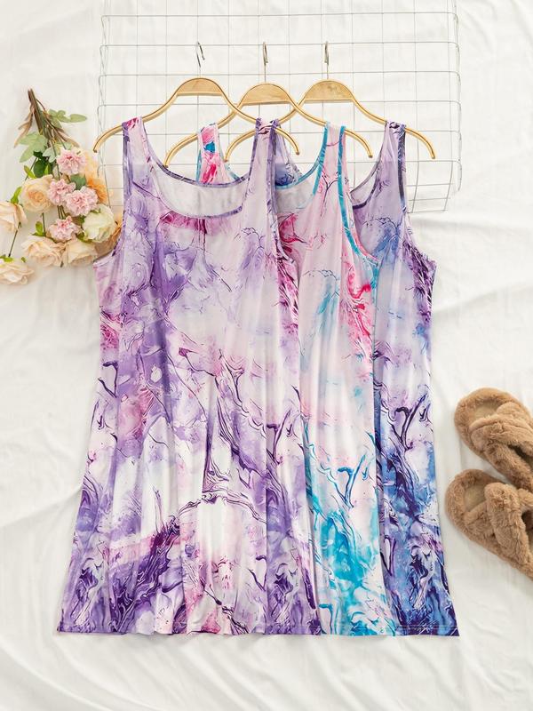  Tie Dye Print Round Neck Tank Nightdress, Casual Soft Comfortable Sleeveless Nightgown for Women, Women's Sleepwear for Summer