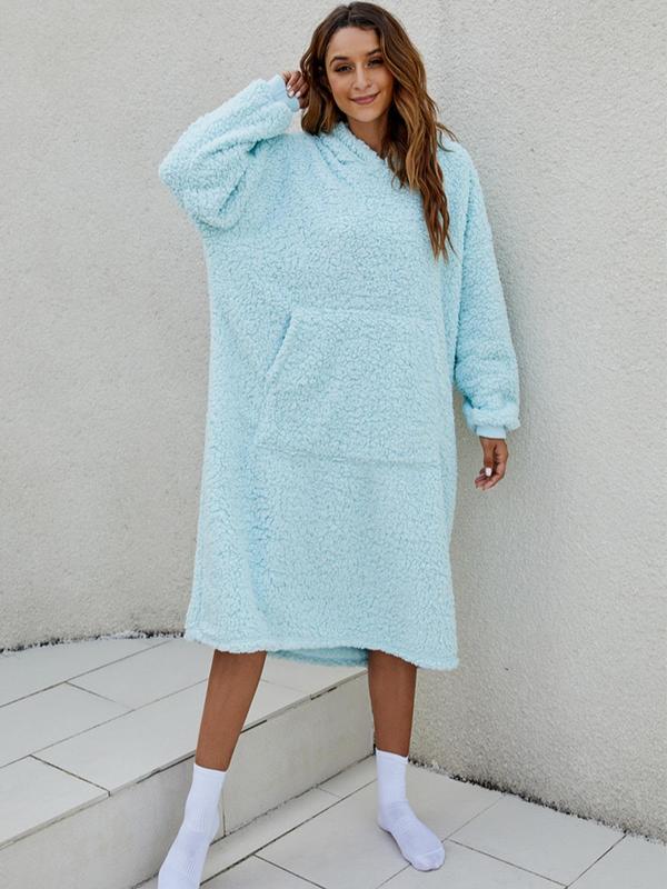 Women's Solid Color Drop Shoulder Hooded Bathrobe, Casual Long Sleeve Pocket Design Dressing Gown, Ladies Sleepwear for  Winter