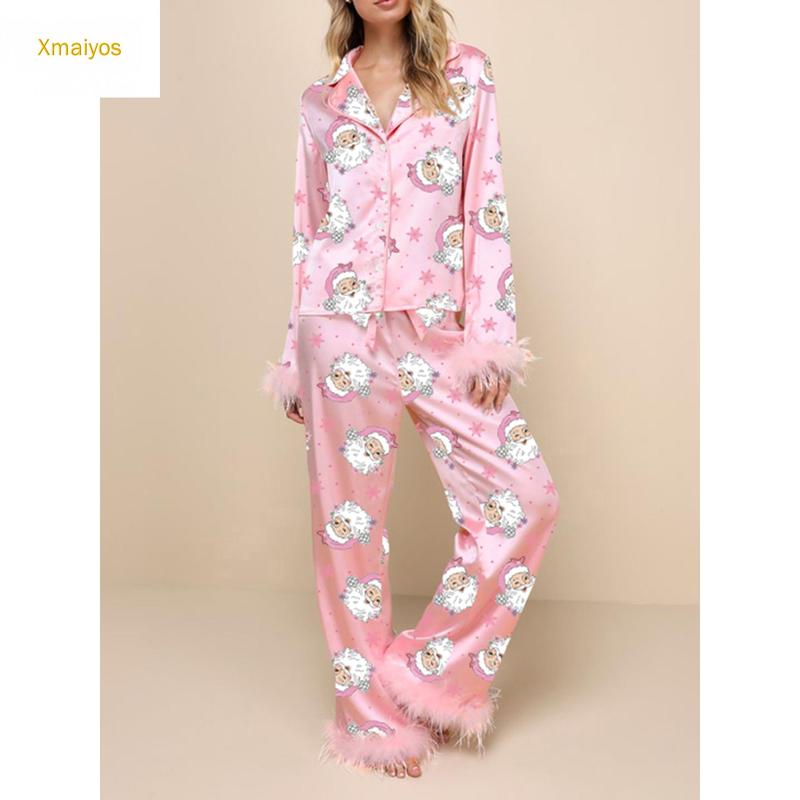 Women Christmas Pajamas Lounge Set Santa Christmas Tree Boots Print Shirts Tops and Pants 2 Piece Loungewear Outfits Long Sleeve Nightwear