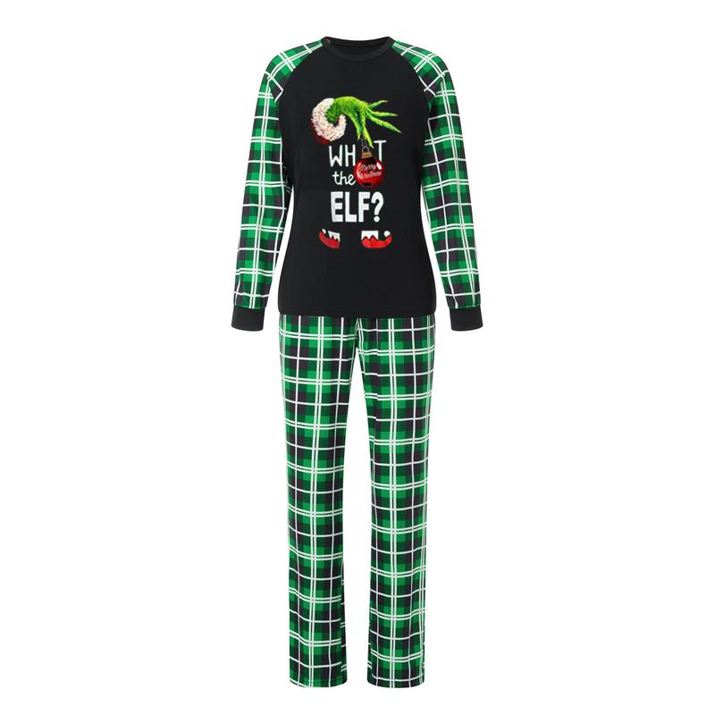 Green Black Christmas Pajamas for Family Long Sleeve Elf Graphic Tops + Plaid Trousers Set Holiday Sleepwear