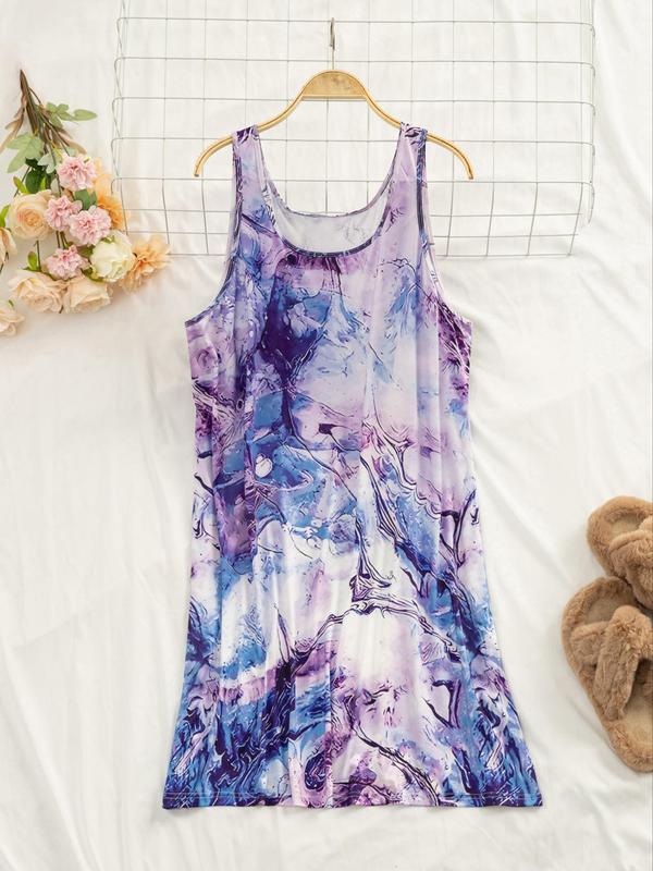  Tie Dye Print Round Neck Tank Nightdress, Casual Soft Comfortable Sleeveless Nightgown for Women, Women's Sleepwear for Summer