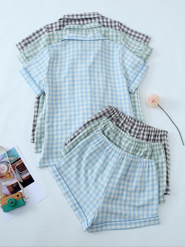 6 Pieces Women's Plaid Print Button Front Shirt & Bow Decor Shorts Loungewear Set, Short Sleeve Lapel Top & Elastic Waist Shorts Pj Set, Pajama Sets Women, Casual Comfortable Pyjama Set for Women, Nightwear Sets