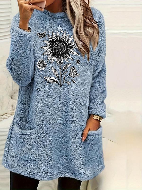  Sunflower Print Pocket Pullover Sweatshirt, Casual Long Sleeve Round Neck Sweatshirt for Fall & Winter, Women's Clothing for Daily Wear