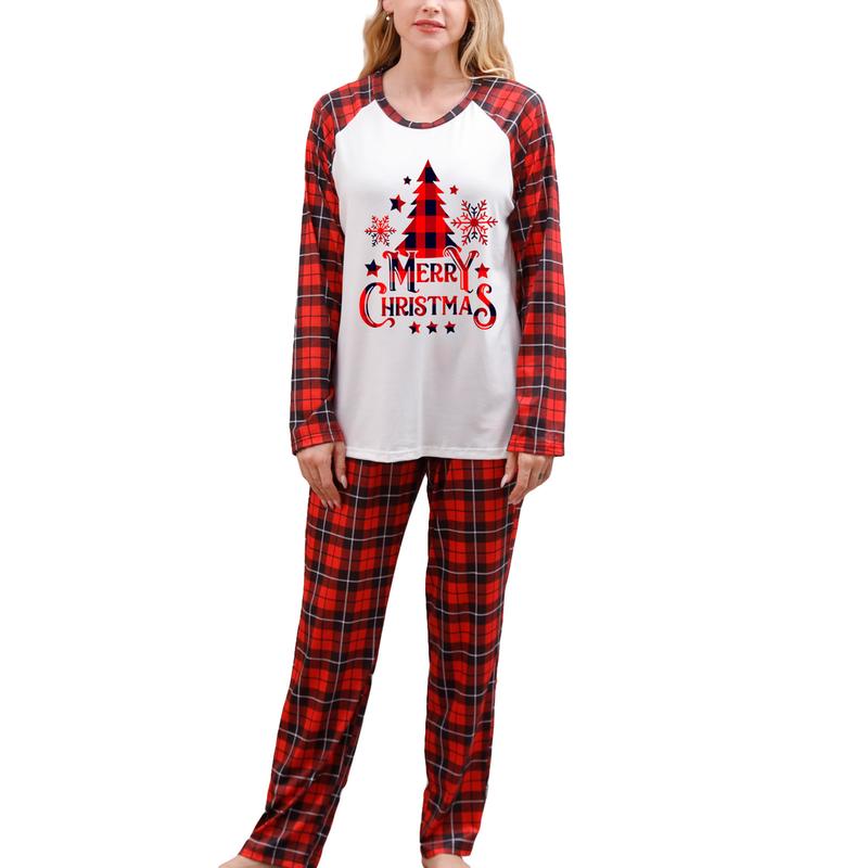 Christmas Pajamas for Family Matching Long Sleeve Snowflake Tree Print Tops Plaid Pants Set Holiday Xmas Jammies Sleepwear