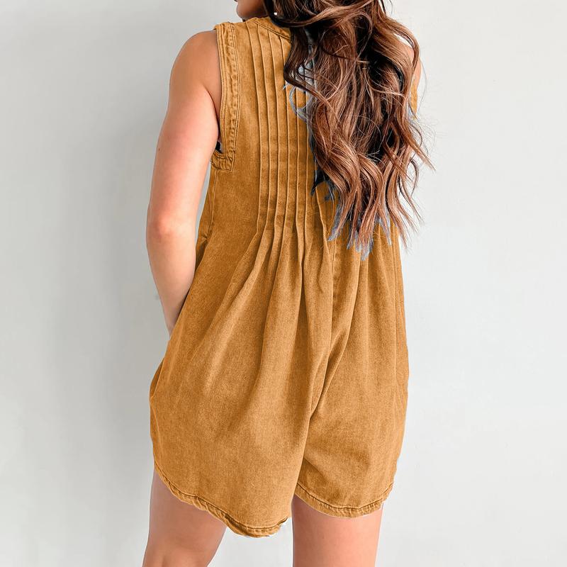 Women's Summer Y2K Demin Tank Jumpsuit Loose Pleated Front Tied V Neck Sleeveless Wide Leg Shorts Romper with Pockets