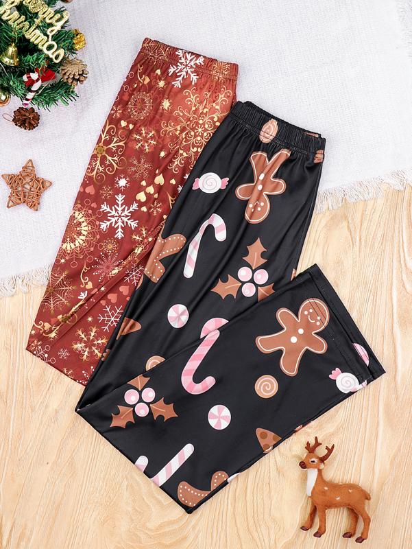 2 PCS Per Pack Christmas Gift Mama Family daughter Casual Women's Soft Drawstring Sleeping Xmas Pijamas Pjs Pajama Bottoms Long Outfit Loungewear Pants Set, Floral Pattern Knit Fabric, Red ,Pyjamas Trouser    Pajama Set Nightwear Womenswear Homewear