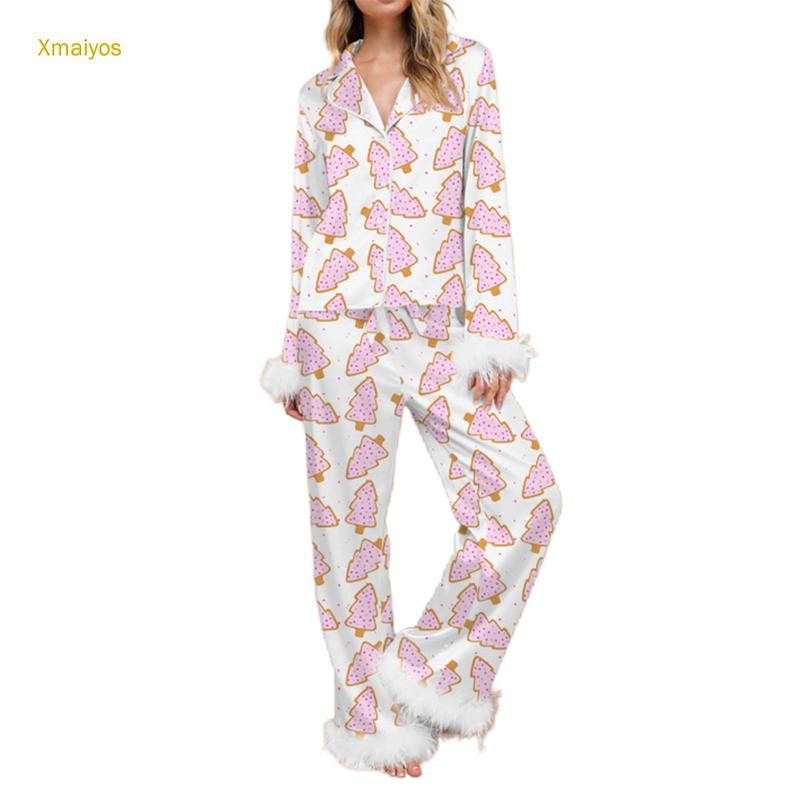 Women Christmas Pajamas Lounge Set Santa Christmas Tree Boots Print Shirts Tops and Pants 2 Piece Loungewear Outfits Long Sleeve Nightwear