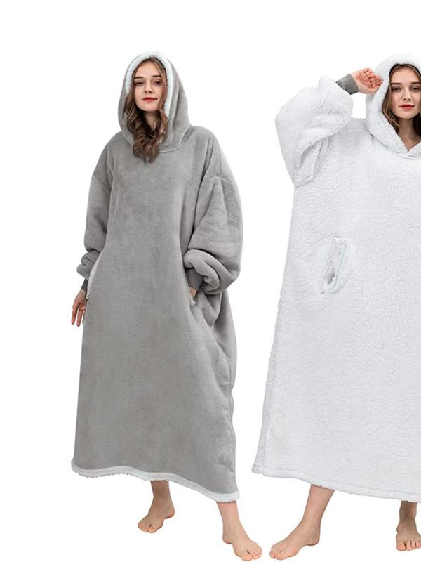 Women's Solid Drop Shoulder Reflective  Hooded Fleece Bathrobe, Casual Long Sleeve Pocket Design Bathrobe, Soft Comfortable Warm Robe for Fall & Winter