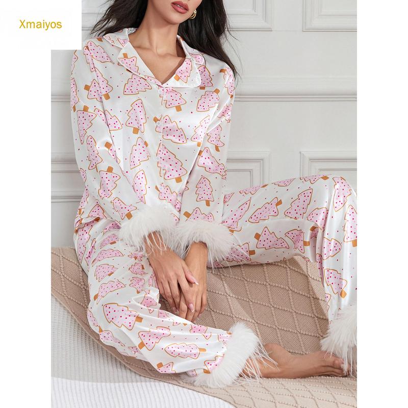 Women Christmas Pajamas Lounge Set Santa Christmas Tree Boots Print Shirts Tops and Pants 2 Piece Loungewear Outfits Long Sleeve Nightwear