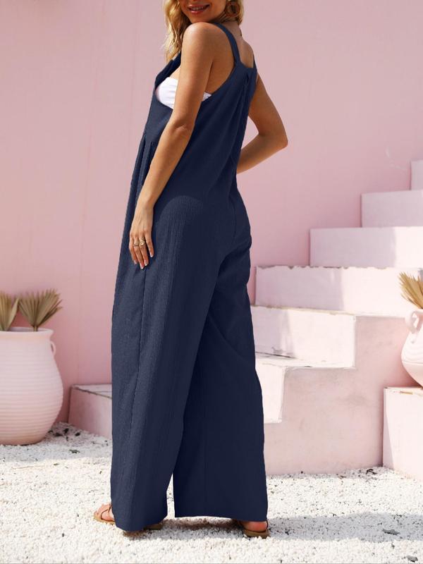 Women's Minimalist Plain Button Pocket Wide Leg Overalls Jumpsuit, Strappy Jumpsuit for Women, Plicated Comfort Basic Womenswear Square Neck Overalls for Beach Holiday, Summer Outfits 2024 for Work