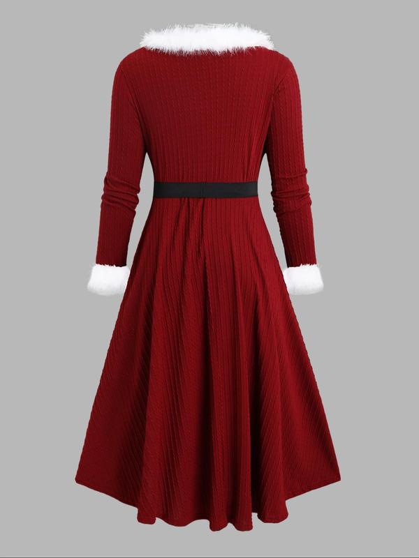  Contrast Faux Fur Trim Belted A Line Dress, Elegant Long Sleeve High Low Hem Dress for Party Holiday Wedding Guest, Women's Clothes for Fall & Winter