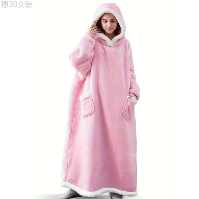 Plus Size Cozy Winter Wearable Fleece Blanket Robe - Soft Flannel Long Sleeve Hooded Design with Pockets for Relaxation - Perfect for Cold Weather Lounging and Outdoor Activities Womenswear Collar Dress Loungewear Dress Loungewear Gowns Polyester