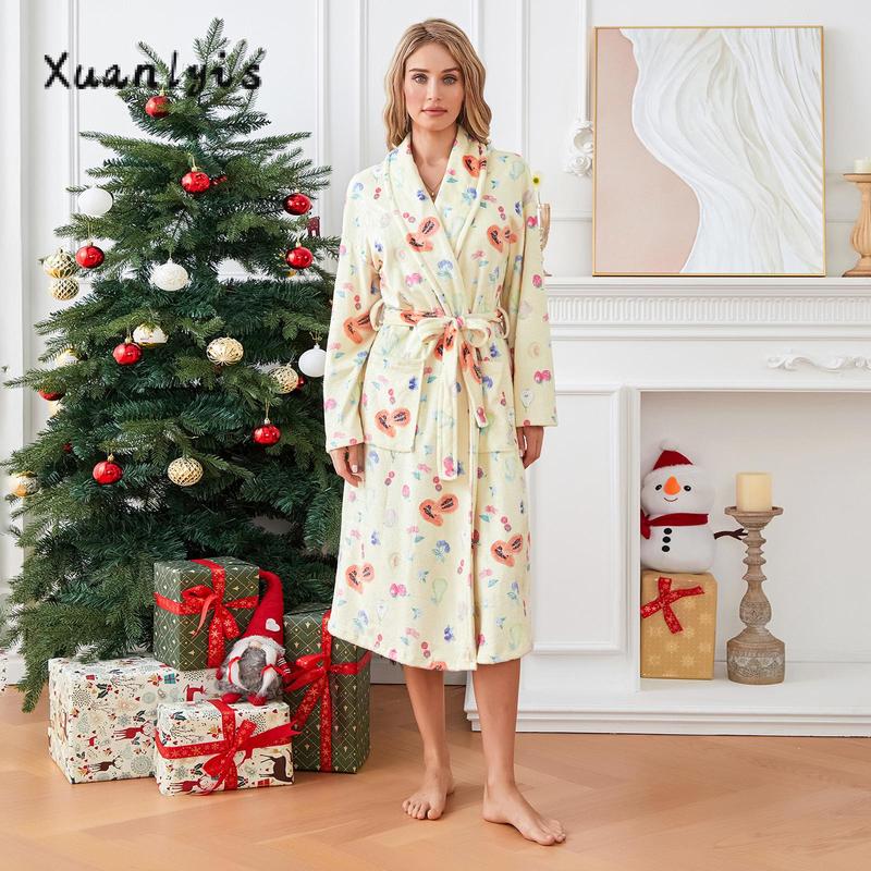 Women Dressing Gown Flannel Robe Floral Print Shawl Collar Bathrobe for Hotel Spa Party Kimono Robe with Belt Long Sleeve Sleeve Womenswear Check