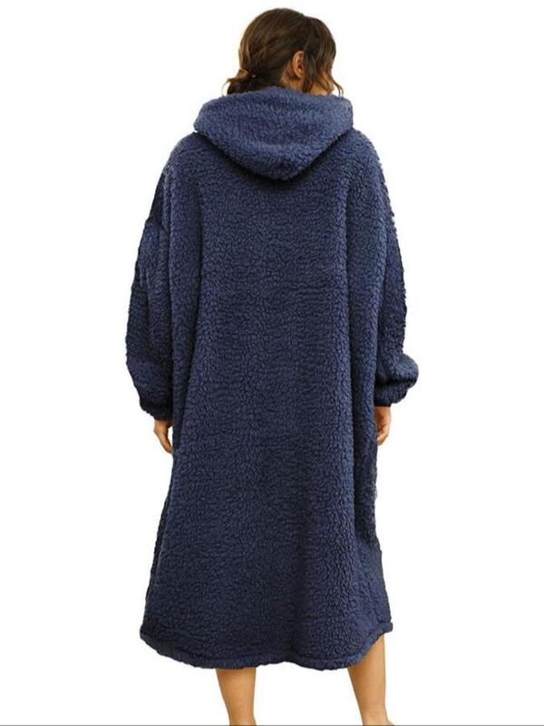 Women's Solid Color Drop Shoulder Hooded Bathrobe, Casual Long Sleeve Pocket Design Dressing Gown, Ladies Sleepwear for  Winter