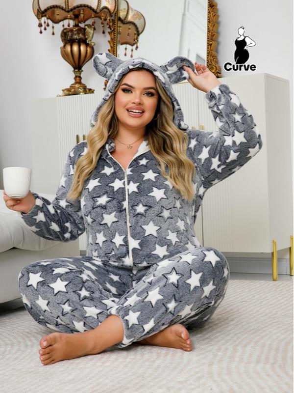  All Over Stars Print Zipper Hooded Onesie, Casual Long Sleeve Coral Fleece Jumpsuit for Fall & Winter, Women's Sleepwear for Indoor Wear