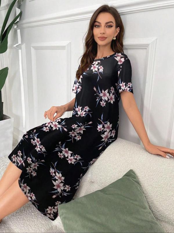 Women's Floral Print Drop Shoulder Nightdress, Casual Soft Comfortable Short Sleeve Round Neck Nightgown for Daily Home Wear, Ladies Sleepwear for All Seasons