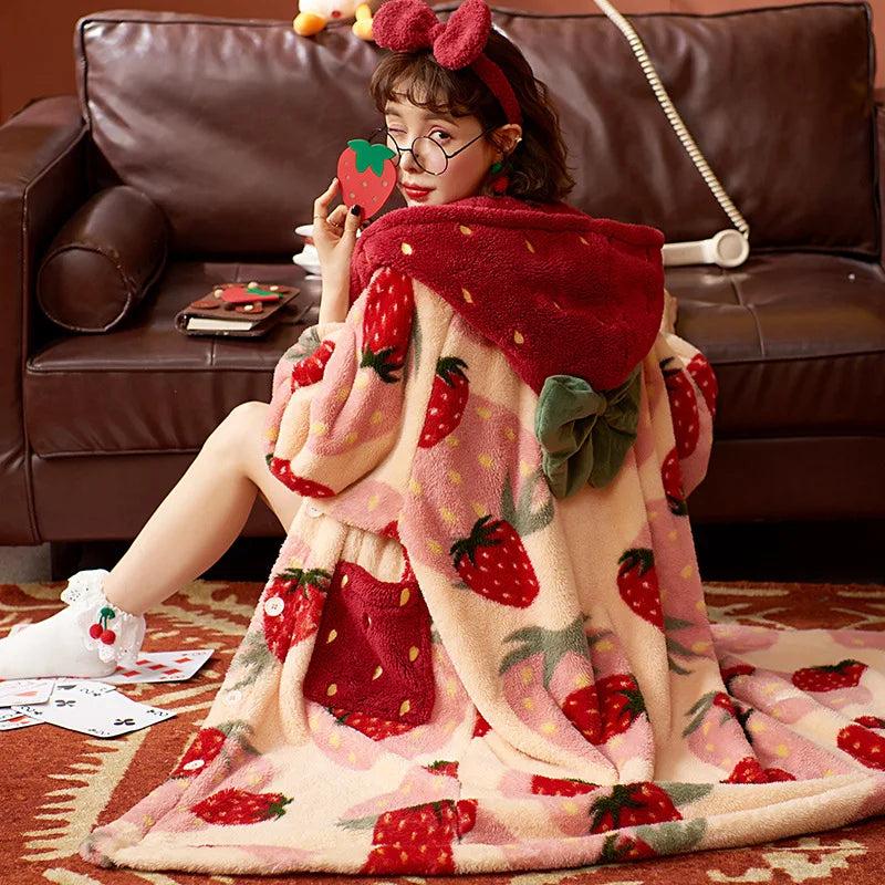 Cozy Strawberry Plush Robe