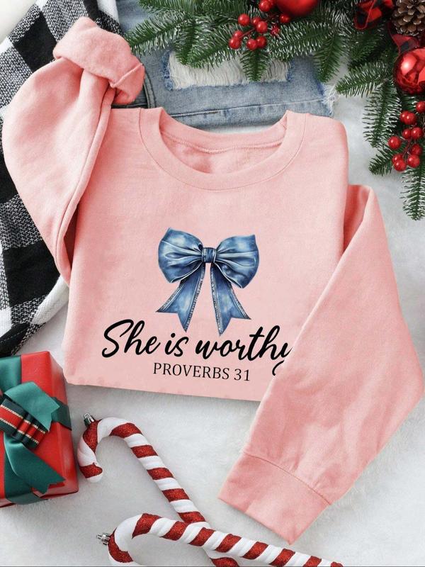 Women's Bow & Letter Print Drop Shoulder Sweatshirt, Casual Long Sleeve Round Neck Pullover for Fall & Winter, Women's Clothes for Daily Wear