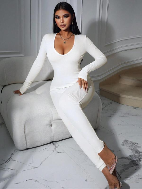 Women's Solid Long Sleeve Scoop Neck Jumpsuit, Casual Comfy Bodycon Jumpsuit for Spring & Fall, Ladies Clothes for Daily Wear