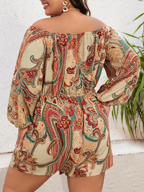 CURVZY Plus Size Fall Aesthetic Paisley Print Off Shoulder Drawstring Romper, Boho Elegant Bishop Sleeve Jumpsuit For Daily Holiday Vacation Wear, Women's Plus Clothing