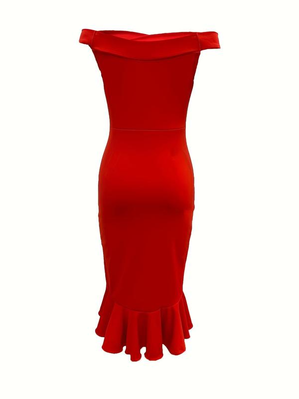 Women's Plain Ruffle Trim Split Thigh Wrap Bodycon Dress, Elegant Comfort Off Shoulder Midi Dress for Party Dating Formal Wear, Back To School Dresses for Women, Birthday Dresses 2024, Summer Outfits, Lady Clothes, Womenswear  for Christmas