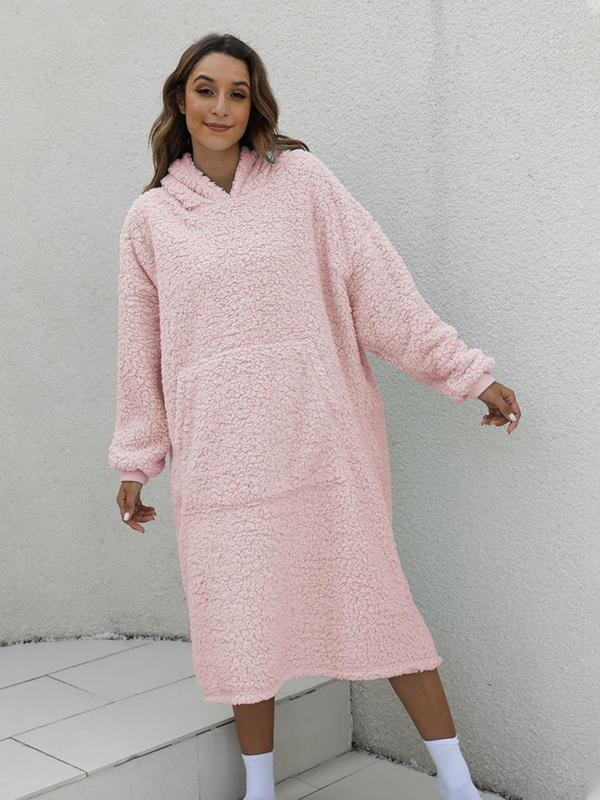 Women's Solid Color Drop Shoulder Hooded Bathrobe, Casual Long Sleeve Pocket Design Dressing Gown, Ladies Sleepwear for  Winter