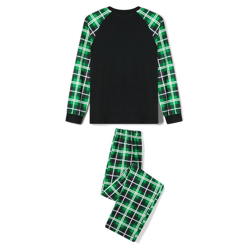 Green Black Christmas Pajamas for Family Long Sleeve Elf Graphic Tops + Plaid Trousers Set Holiday Sleepwear