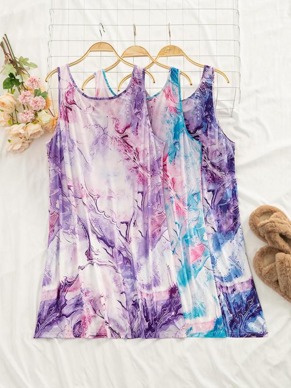  Tie Dye Print Round Neck Tank Nightdress, Casual Soft Comfortable Sleeveless Nightgown for Women, Women's Sleepwear for Summer