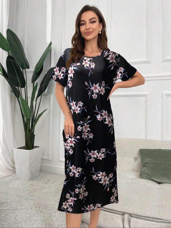 Women's Floral Print Drop Shoulder Nightdress, Casual Soft Comfortable Short Sleeve Round Neck Nightgown for Daily Home Wear, Ladies Sleepwear for All Seasons