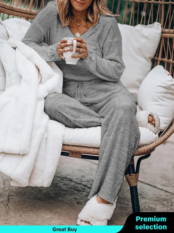 Women's Solid Waffle Knit Drop Shoulder Tee & Tie Front Pants Loungewear Two-piece Set, Comfy Round Neck Long Sleeve Top & Trousers PJ Set, Ladies Sleepwear for Spring & Fall, Pajama Sets Women