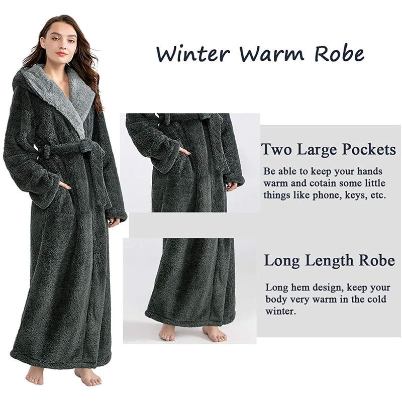 Long Hooded Robes for Women Luxurious Plush Bathrobes with Pockets & Waist Belt Full Length Bathrobe Winter Warm Sleepwear - L & Navy