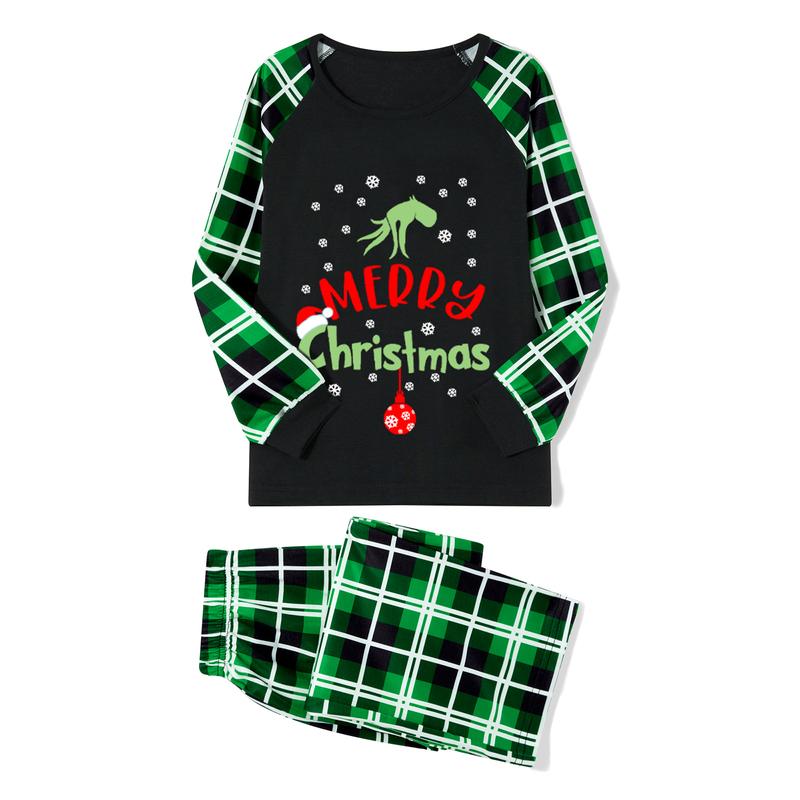 Family Christmas Pajamas Matching Sets PJ's Snowflake Cartoon Print Tops Green Plaid Pants Sleepwear Loungewear Nightwear Homewear